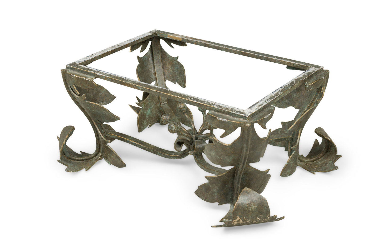 Arthur Court, patinated bronze foliate coffee table base: c. 1970s, USA, patinated bronze coffee table base resting on four foliate scroll form legs joined by an x-stretcher topped with a stylized floral finial, no top, base only, 13.5"h x 30"w x 22"d