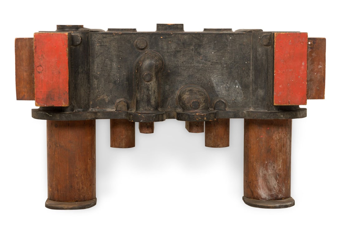 Industrial wooden foundry pattern, found sculpture: 20th c., USA, industrial master foundry pattern, constructed from industrial molds and painted wood, showing authentic patina, hanging hardware and picture wire mounted verso, 35" h x 59"w x 12"d