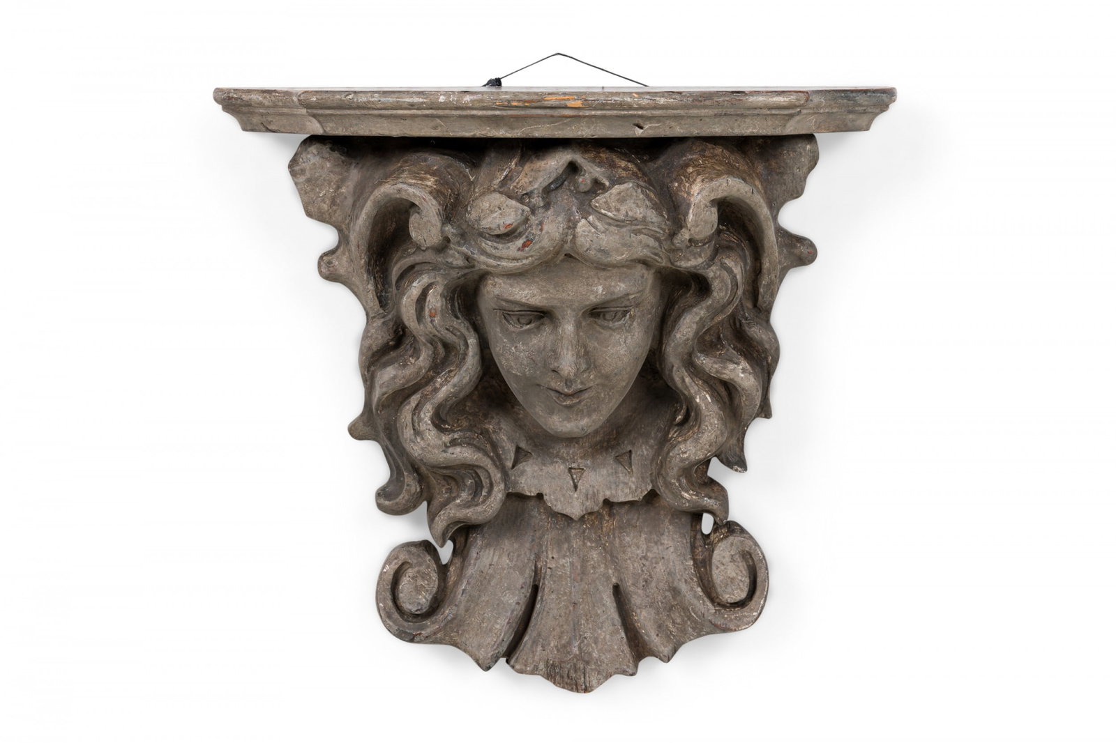 Italian Rococo style carved wood corbel wall bracket shelf: 20th c., carved wood with faux stone finish, modeled as a female bust with flowing hair, 21" h x 22.5"w x 8"d