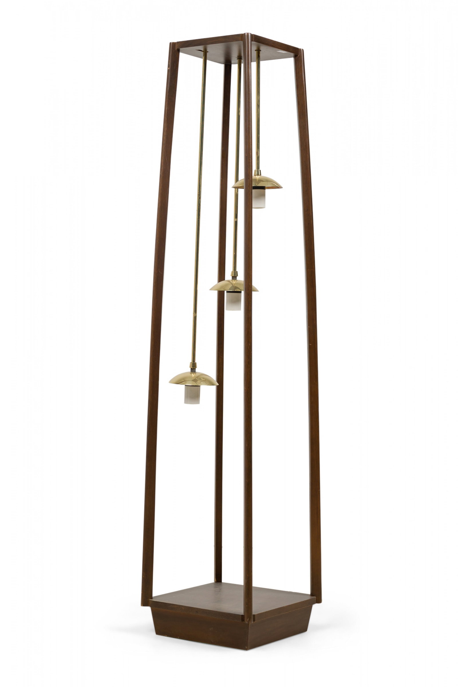 Mid Century illuminated wood pedestal: c. 1960s, brown stained oak, polished brass, the trapezoidal open frame cabinet supporting three tiered pendant lights over wood display plinth, 54.75" h x 12"sqr