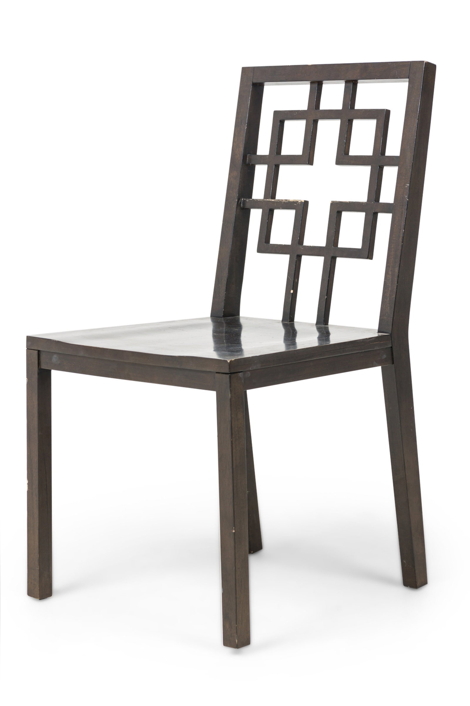 Contemporary Chinoiserie style side chair: 21st c., USA, wooden frame painted dark grey, open pattern back having a overlapping square and geometric design, 36"h x 19"w x 18.25"d, 18"h (to seat)