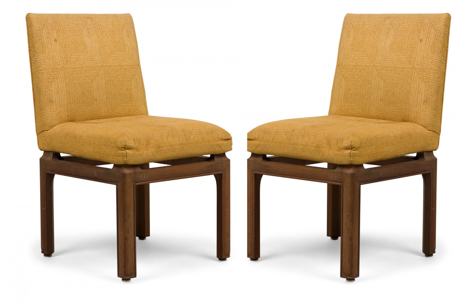 Michael Taylor for Baker Furniture, 'Far East' side chairs: c. 1950s, USA, mahogany frames, upholstered in a square-patterned textured gold fabric, standing on four molded legs, 32"h x 18"w x 20"d, 17.5"h (to seat)