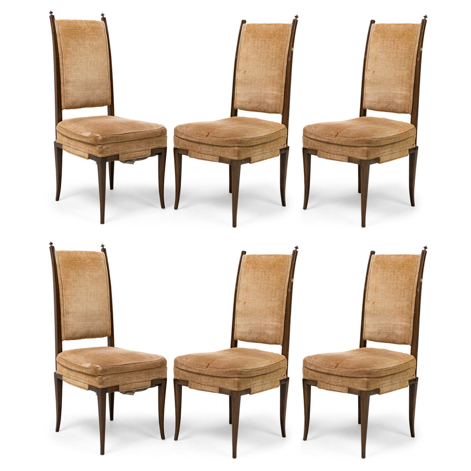 Tommi Parzinger, (6) mahogany upholstered side chairs: c. 1955, USA, lacquered mahogany side chairs with high sloping backs and spindle finials, double padded seats and armrests upholstered in beige chenille, grips along the front and sides, resting on 4 
