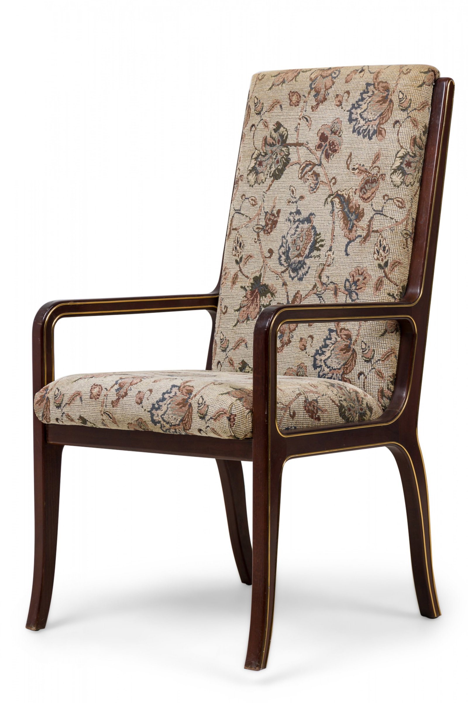 William Doezema for Baker, mahogany armchair: mid-20th c., USA, mahogany molded frames with high backs and brass inlay along the sides, seat upholstered in a brown and beige floral weave, standing on 2 splayed front legs and cabriole back legs, 4