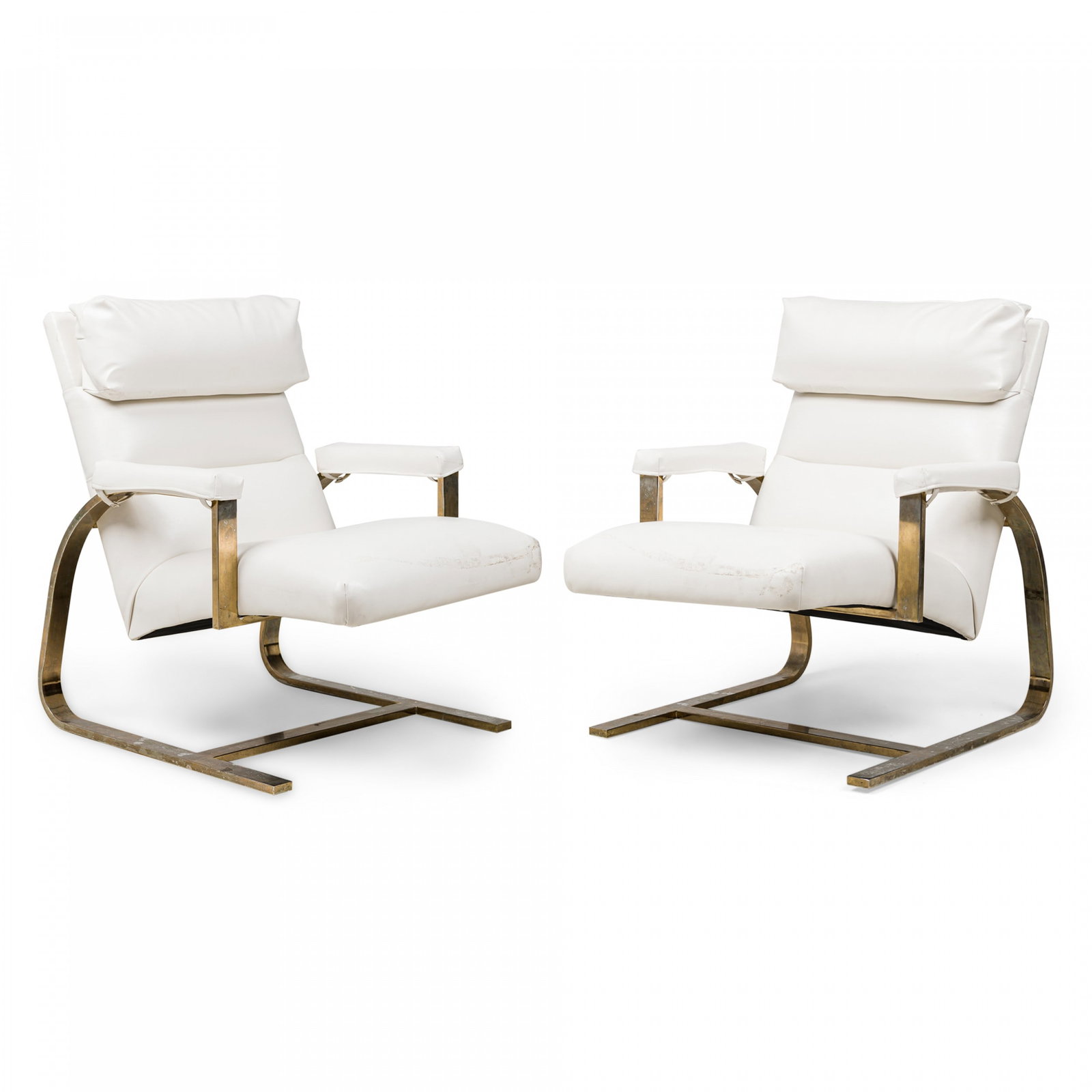 Milo Baughman (attrib), brass and white leather arm chairs (1 of 16)