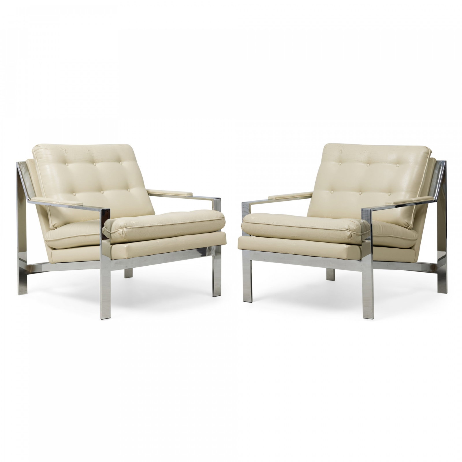 Milo Baughman for Thayer Coggin, pair, lounge chair, model 951: c. 1960s, USA, aluminum flat bar angular frame, upholstered in button tufted beige faux leather, 29"w x 31"d x 30" h, 17.5"sh