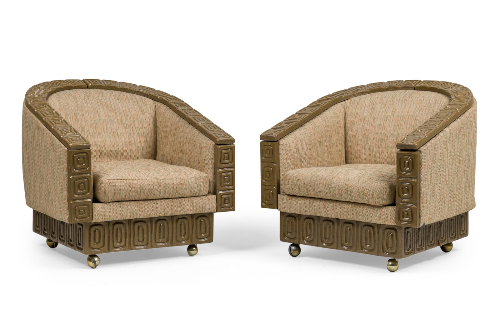 Romweber, limed oak & upholstered revolving armchairs: c. 1960s, USA, limed oak frames featuring a carved elliptical pattern, upholstered in a textured beige weave with orange and green highlights, resting on 4 ball casters, 31"h x 32"w x 33"d, 16"h (to s