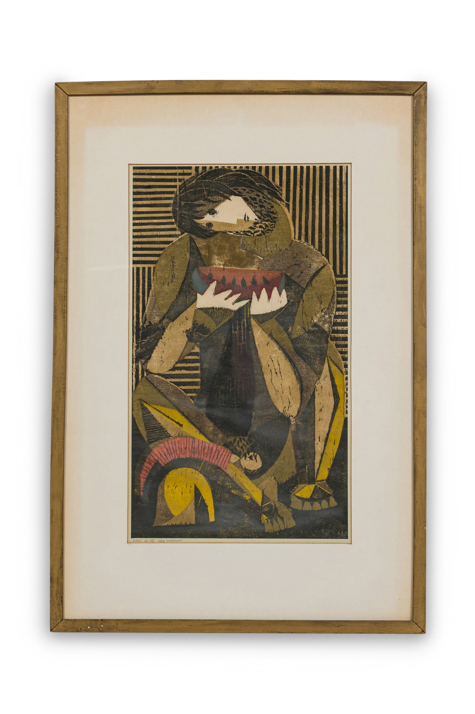 Koloman Sokol, Expressionist woodblock print, 1953: Koloman Sokol (Slovakian/American, 1902-2003), "The Warrior", signed and dated lower edge, matted and framed under glass, 21"h x 12"w (image), 31"h x 21"w (frame)Provenance: Property from Gramercy Par