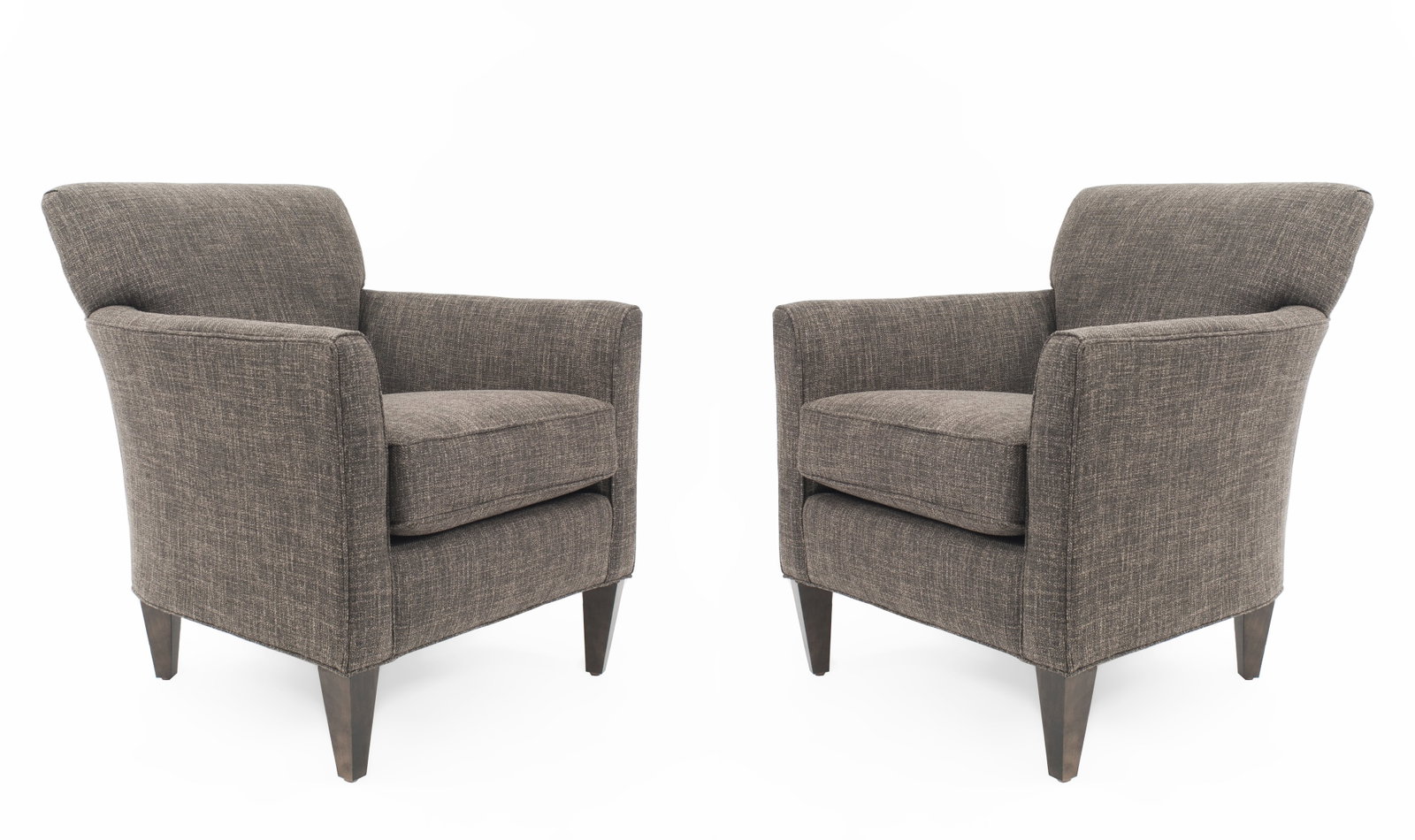 Contemporary pair mid-century style armchairs: 21st c., USA, upholstered frame in a gray woven fabric, resting on four tapered wooden legs, 35"h x 31"w x 34"d, 19"h (to seat)