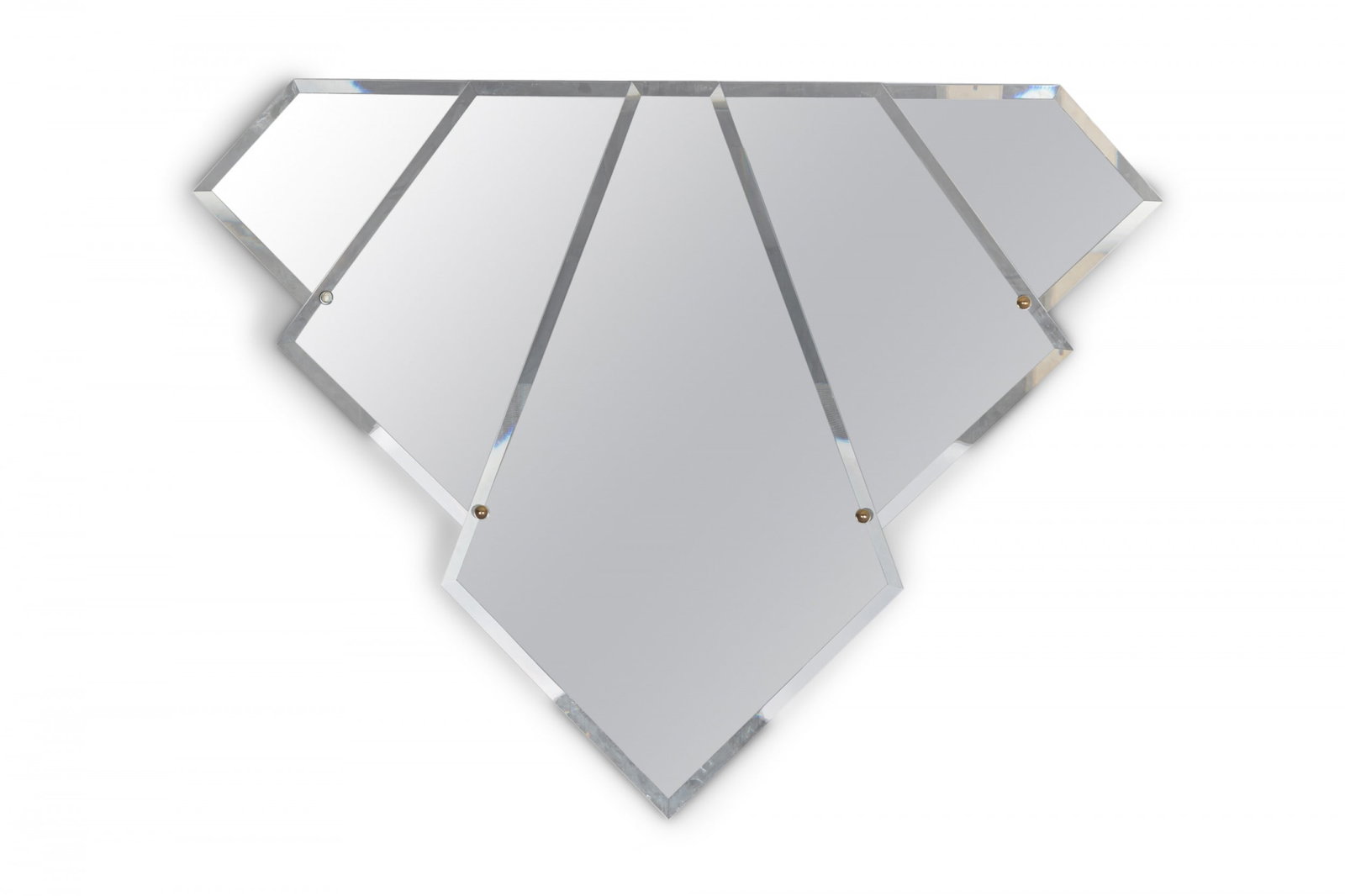 Art Deco style skyscraper form wall mirror: 20/21st c., likely USA, glass triangular shape, five graduated segments mounted as a whole with four brass sphere adornments at the corners, 51"h x 67"w x 1"d