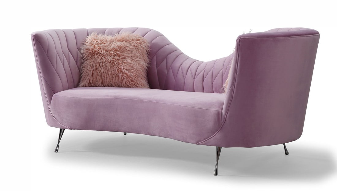 TOV Furniture, contemporary velvet settee: 21st c., USA, curved barrel-back shape with a dip in the center, diamond quilted upholstery in a light purple velvet, resting on four stainless steel legs, 32.7"h x 84"w x 35.5"d, 17"h (to seat)