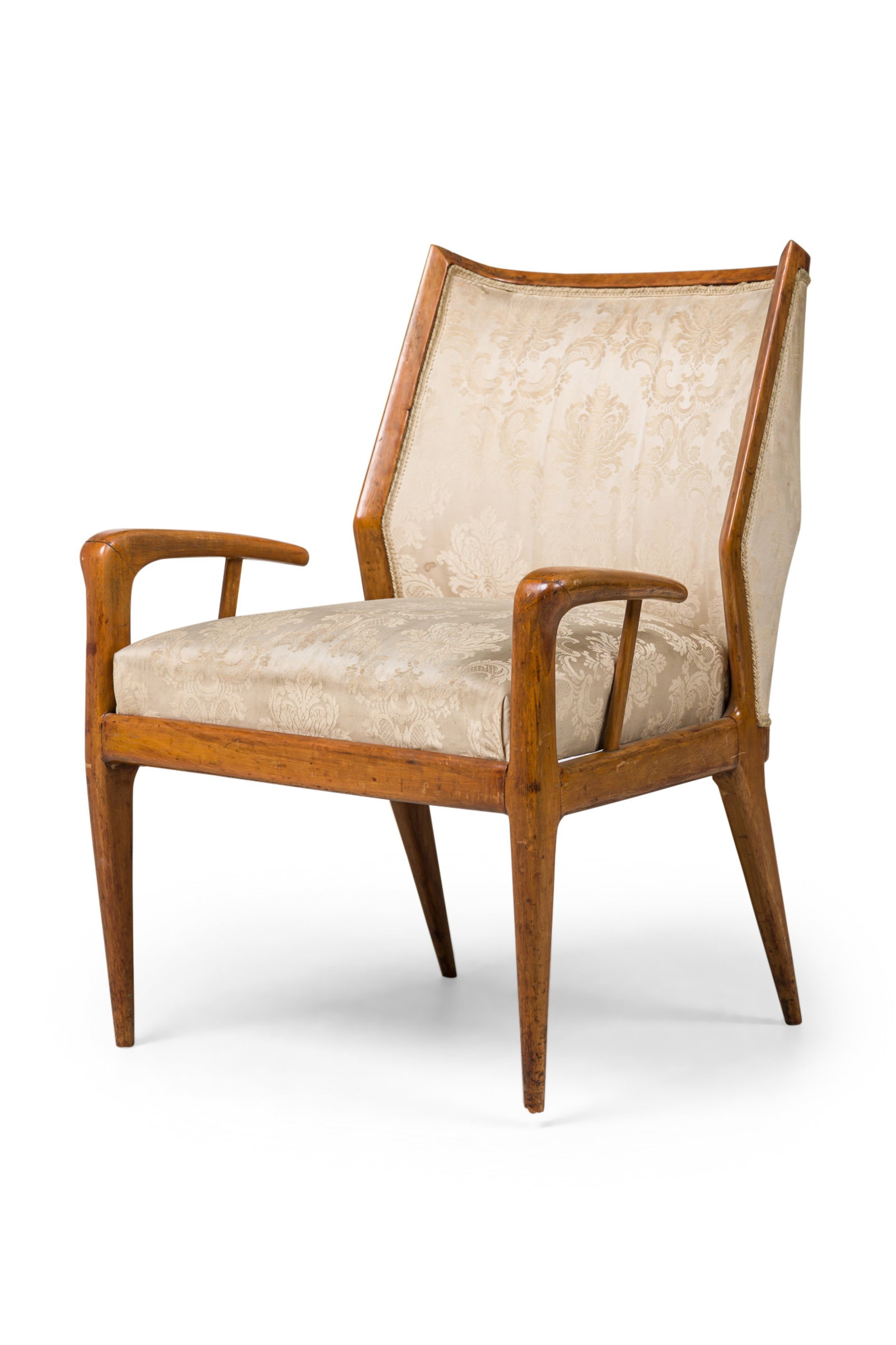 Gio Ponti (Style), pair Italian Modern walnut armchairs: 20th c., Italy, carved walnut frame, with sculptural wingback and tapered armrests, upholstered in a beige damask, 22"w x 22"d x 33" h, 17.5"sh