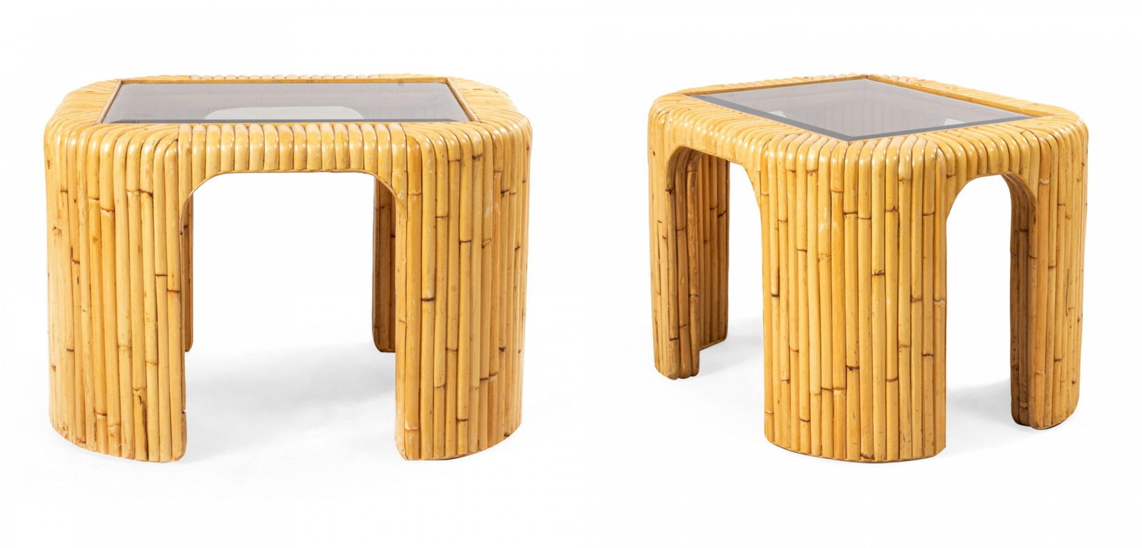 Pair contemporary bamboo and smoked glass tables: late 20/21st c., USA, rectangular shaped, bamboo waterfall pattern, beveled smoked glass inset top, 20"h x 29"w x 25"d
