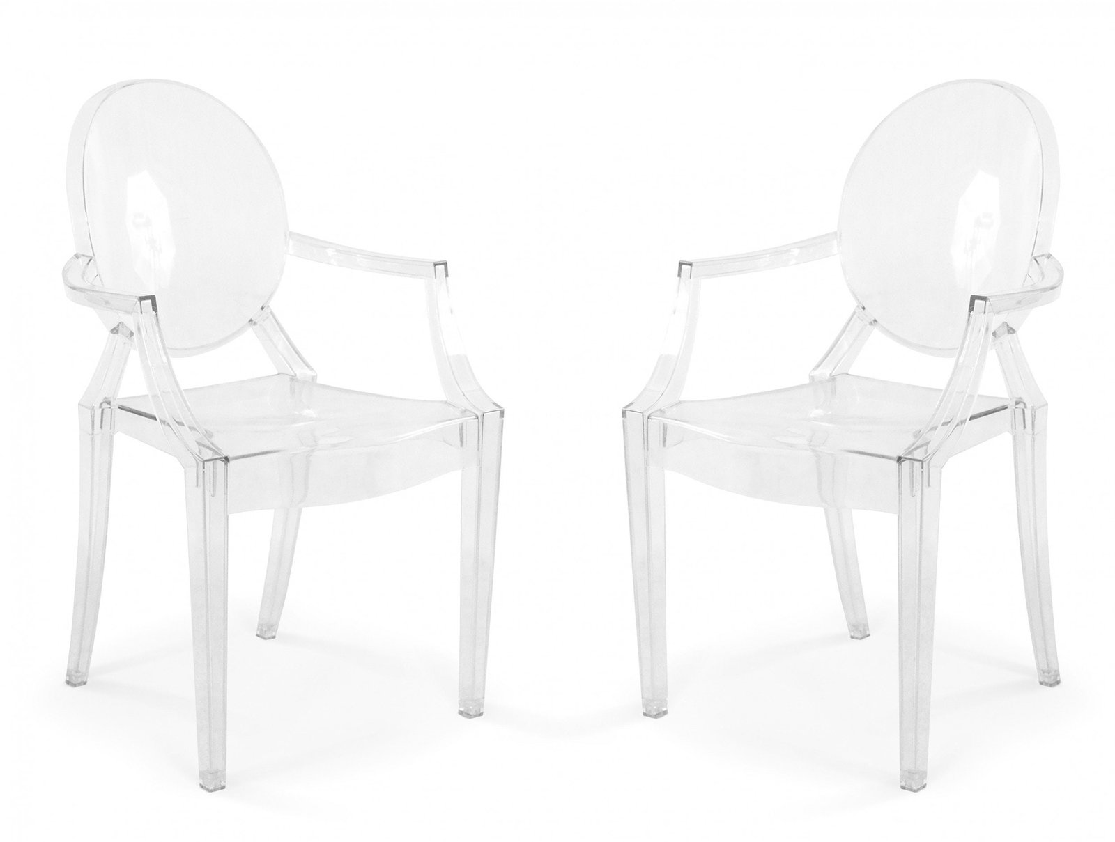 Philippe Starck for Kartell, pair 'Louis Ghost' armchairs: c. 2000s, France / Italy, clear acrylic frames with oval backs, resting on four legs, slightly splayed back legs, 36.5"h x 21"w x 23"d