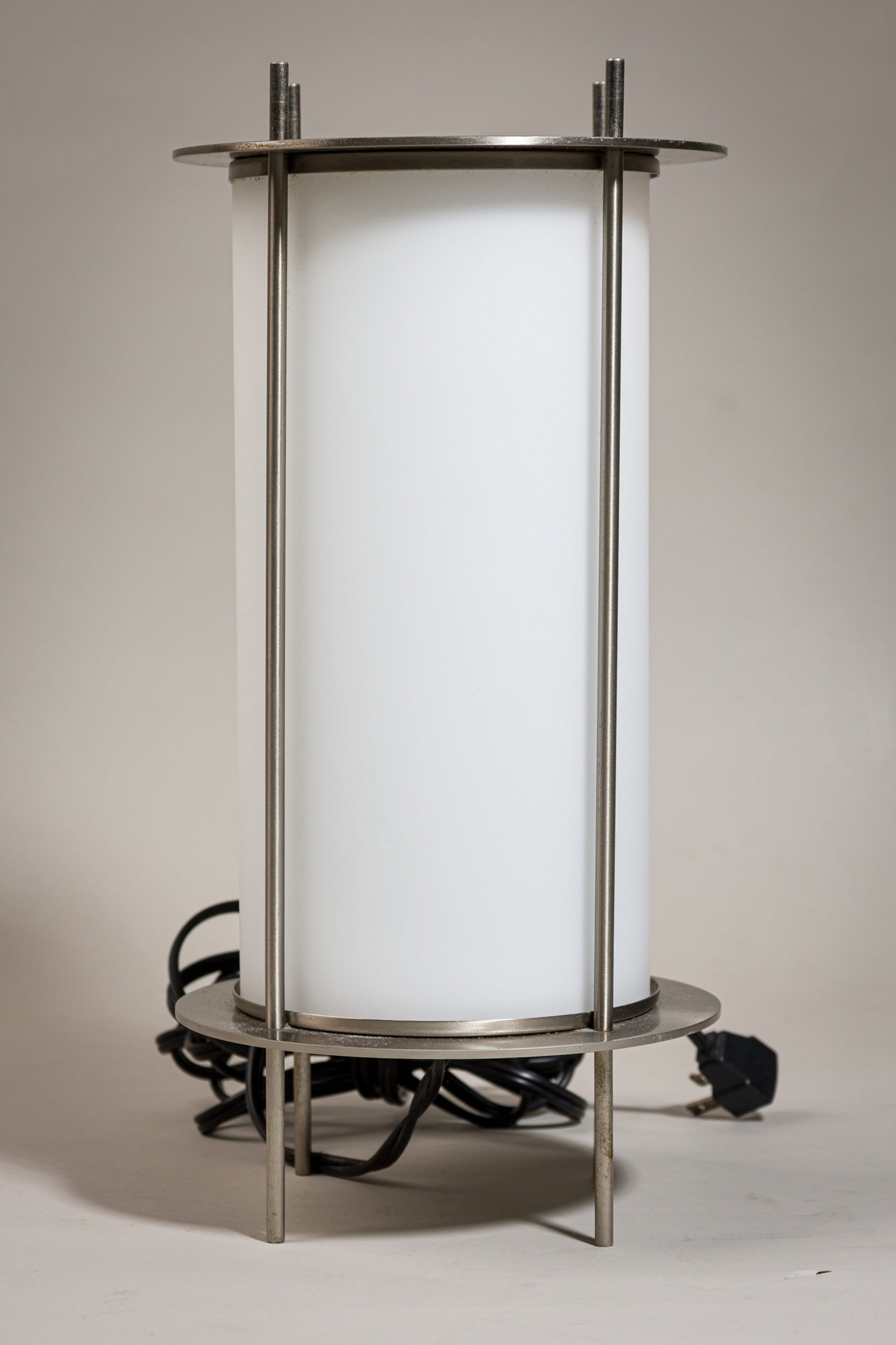 Alecia Wesner for George Kovacs, Touch Table Lamp: late 20th c., USA, brushed metal, frosted glass, with touch activated on and off switch, 15"h x 7.25"diaProvenance: 118 E. 87th St, NYC: A Private Collection featuring Ancient, Native American, and Mo