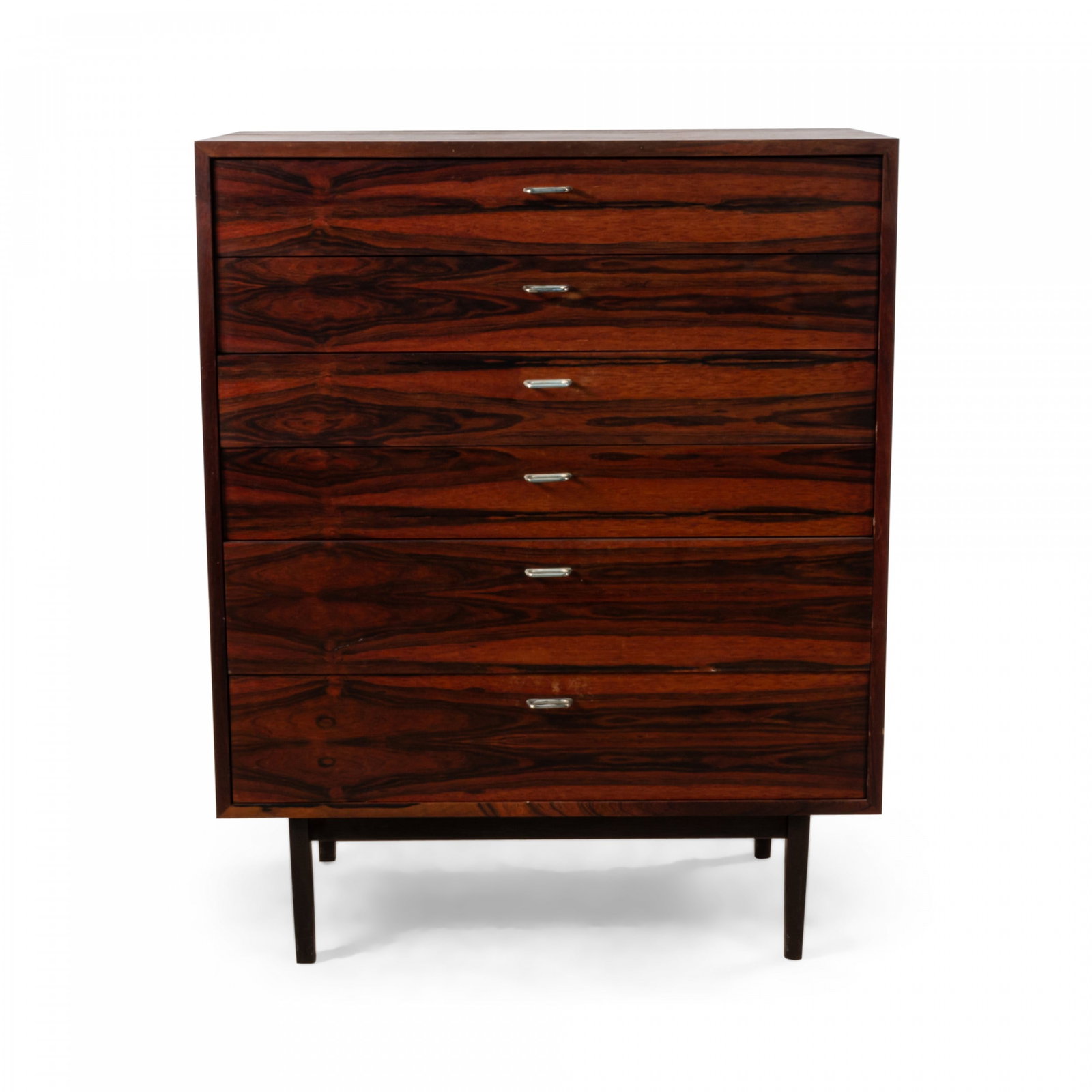 Danish Modern rosewood highboy dresser: c. 1960s, Denmark, rosewood veneered rectangular high chest with 6 drawers, silver metal drawer pulls, resting on four tapered legs, 45"h x 36"w x 18"d