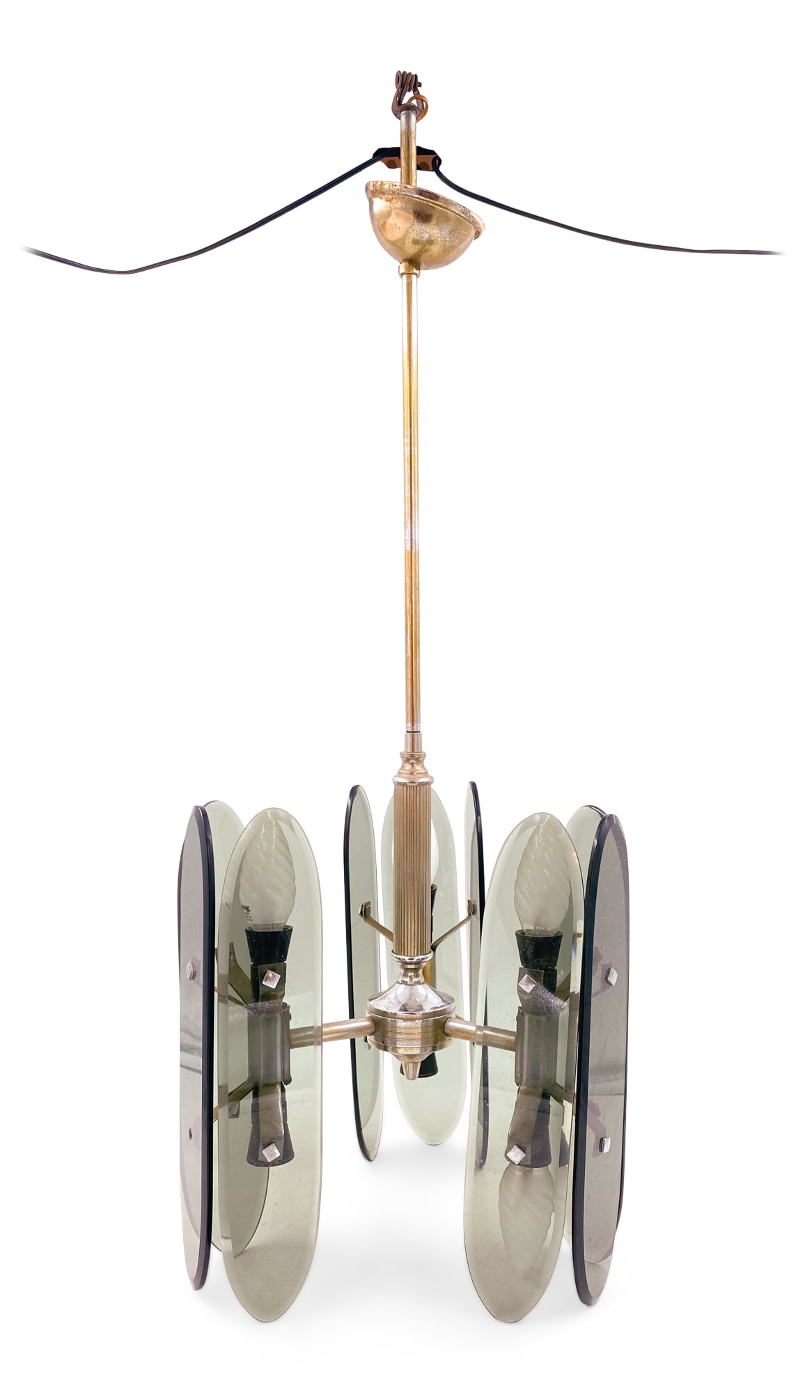 Fontana Arte (Style), Italian Modern glass pendant chandelier: c. 1960s, Italy, metal drop rod with 3 arms ending with two sockets, smoked glass shades, 25"h x 11"dia.
