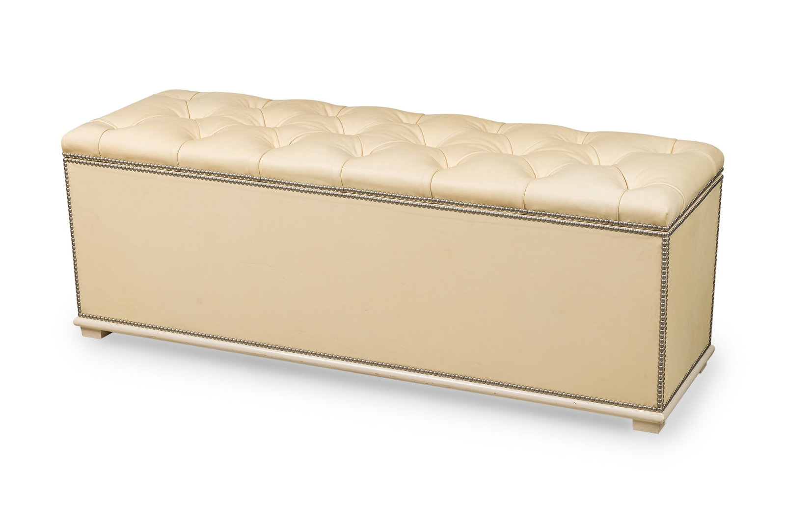 Contemporary beige tufted storage ottoman bench: 21st c., USA, rectangular shaped lidded box, beige faux leather tufted upholstery, rests on four square block feet, 21.5" h x 58"w x 20"d