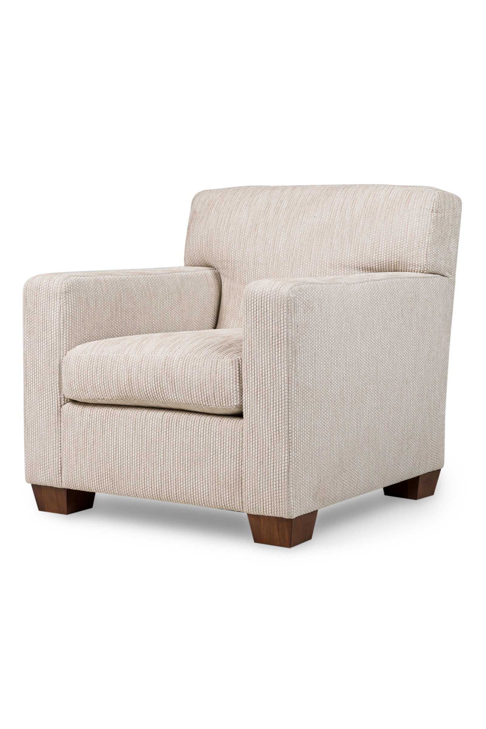 Jean Michel Frank (Style), contemporary club chair: 21st c., USA, cube shape frame with loose seat cushion, upholstered in off-white chenille fabric, resting on four tapered block legs 34"h x 33"w x 37"d, 18"h (to seat)
