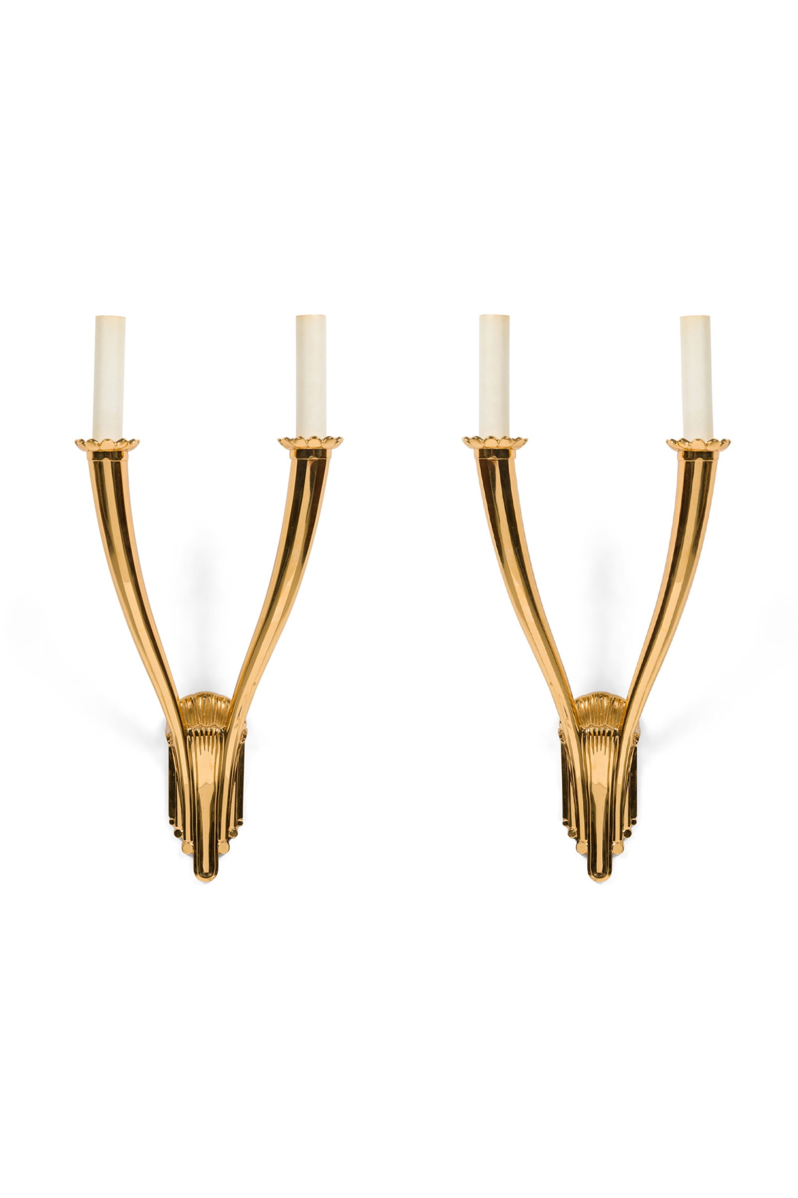 Louis Gigou (after), Pair French Art-Deco style two-arm sconces: 20th/21st c., France, gilt metal, the backplate modeled as drape cloth, issuing two stylized torchiere, each wired with candelabra socket ,18.5" h x 8"w x 5"d x