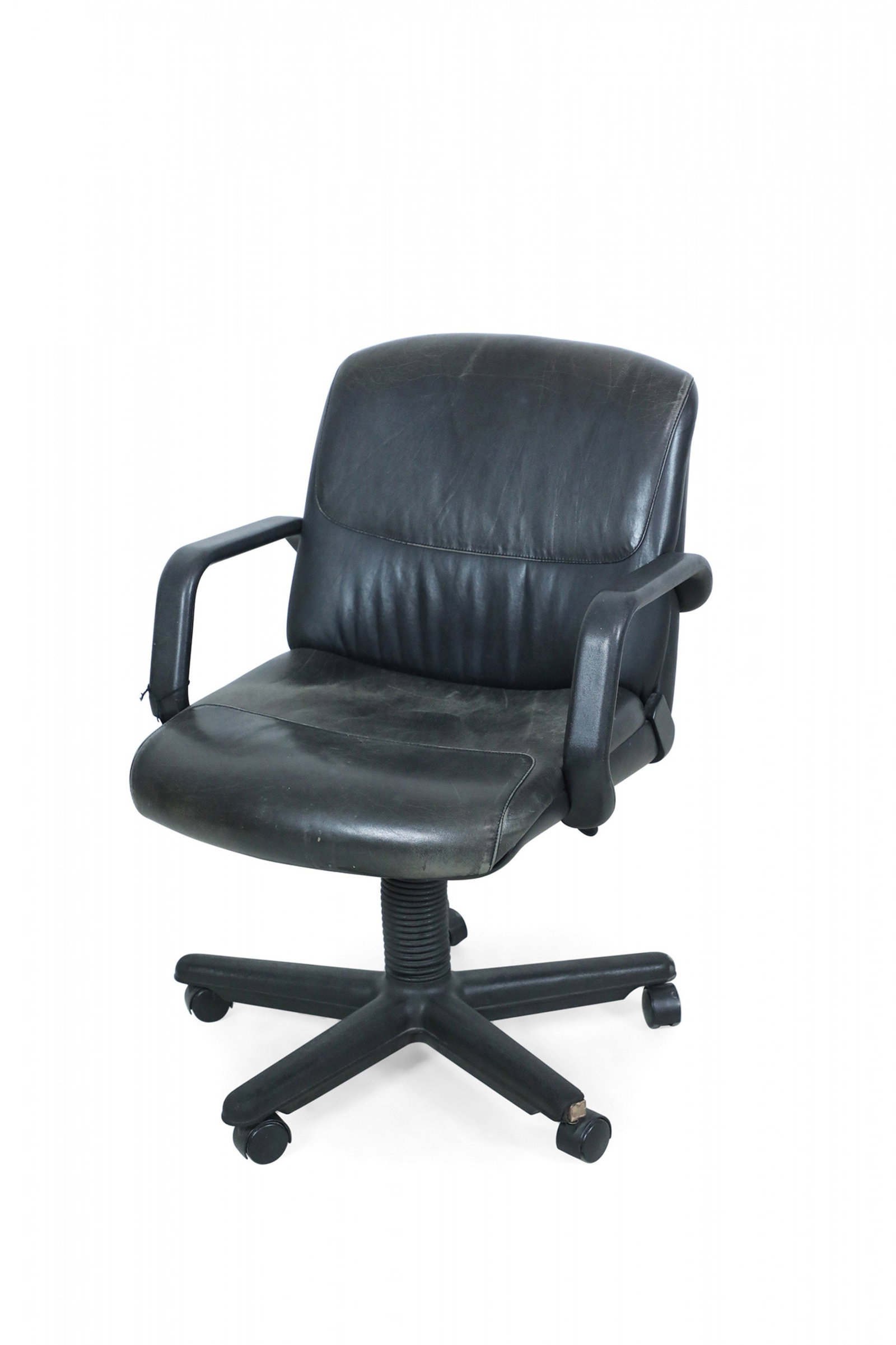 Gerd Lange, Modern black leather executive office chair: c. 1970s, Germany, leather, black plastic, for Drabert, 35" h x 25"w x 30"d