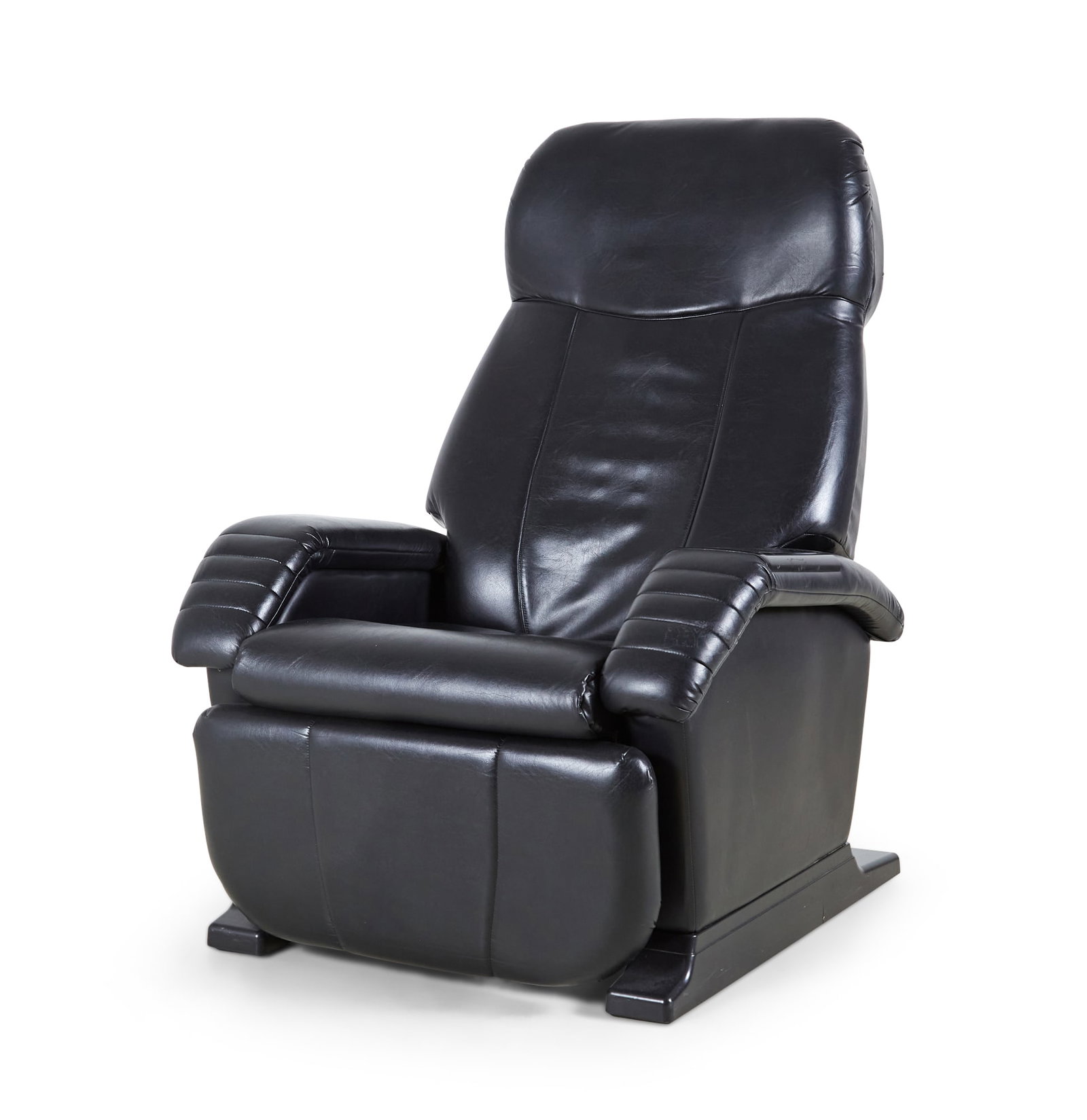 France Bed Co. "The Get-Away" Massage Chair: 20th c., Japan, black leather massage recliner armchair with control panel and cassette player in the arm rest, Model GS-01, 45" h x 34"w x 38"d, 19"h (to seat)