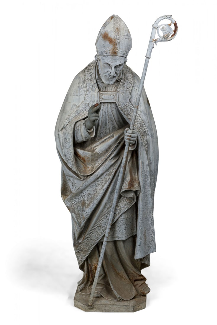 Louis Gasne, lifesize figure of St. Bishop, c. 1880: Louis Gasne (French, active late 19th c,), painted cast iron, modeled wearing a long robe with a removable staff, signed on base with Tusey Art Foundry stamp, 70" h x 28"w x 28&qu