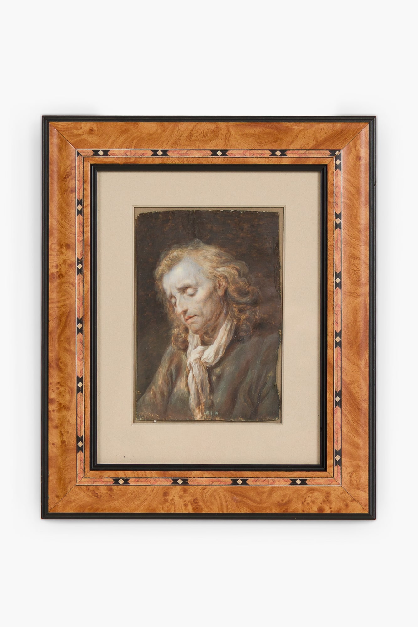 Manner of Jean-Baptiste Greuze, oil on paper: manner of Jean-Baptiste Greuze (French, 725-1805), portrait of an old man, under plexiglass, matted and presented in a wooden frame with geometric inlay marquetry, 6"h x 4"w (board), 11.25"h x 9.25"w 