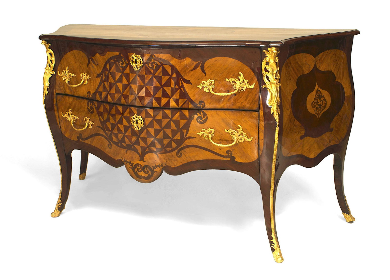Louis XV gilt bronze parquetry bombe commode (1 of 4)