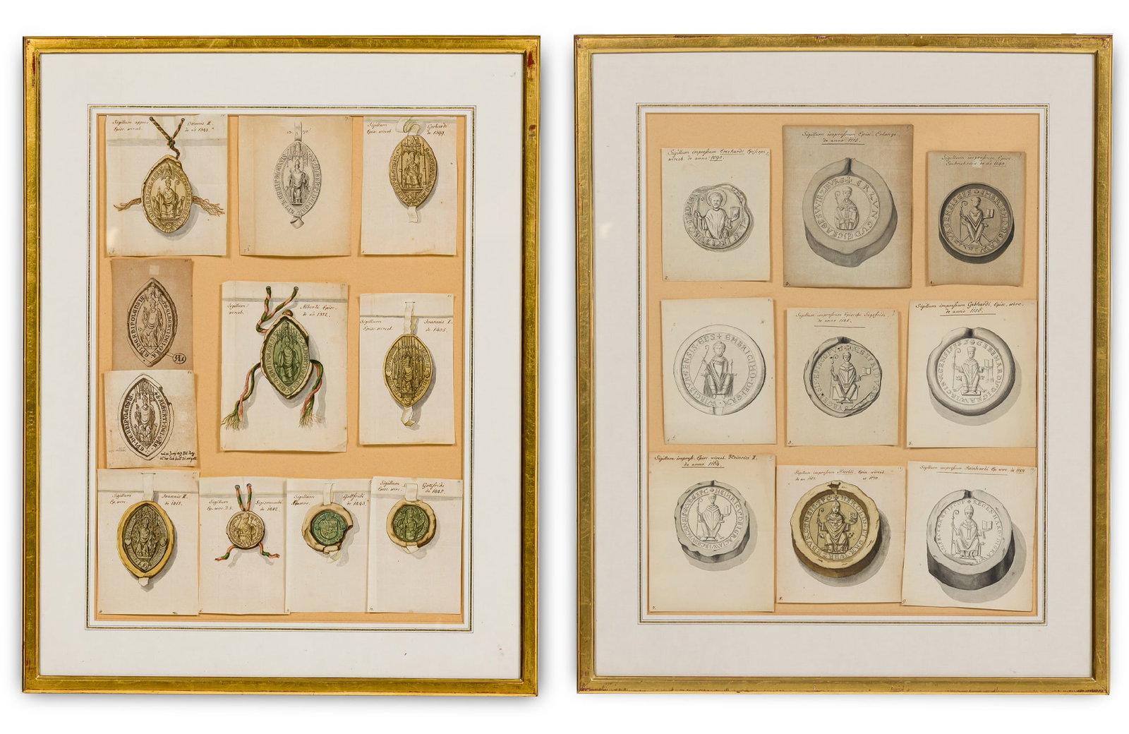 (2) Framed collections of 19th century wash drawings of ancient seals (1 of 14)