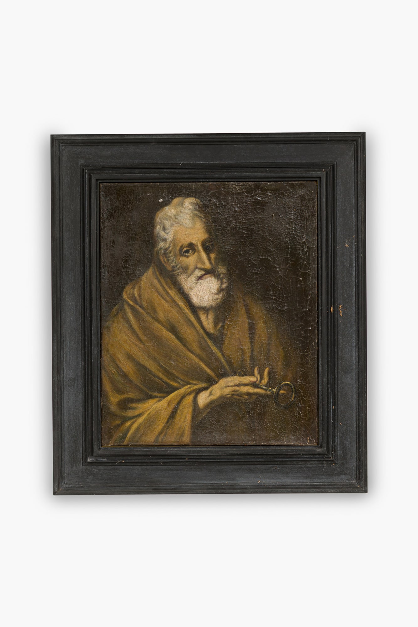 El Greco (manner), Old Masters, oil on canvas: Manner of Domeniko Theotokopoulos, called El Greco (Greek, 1541-1614), portrait of St. Peter, no signature observed, presented in black painted frame, 21"h x 17.25"w (canvas), 29"h x 22.25"w x 1.5"d (