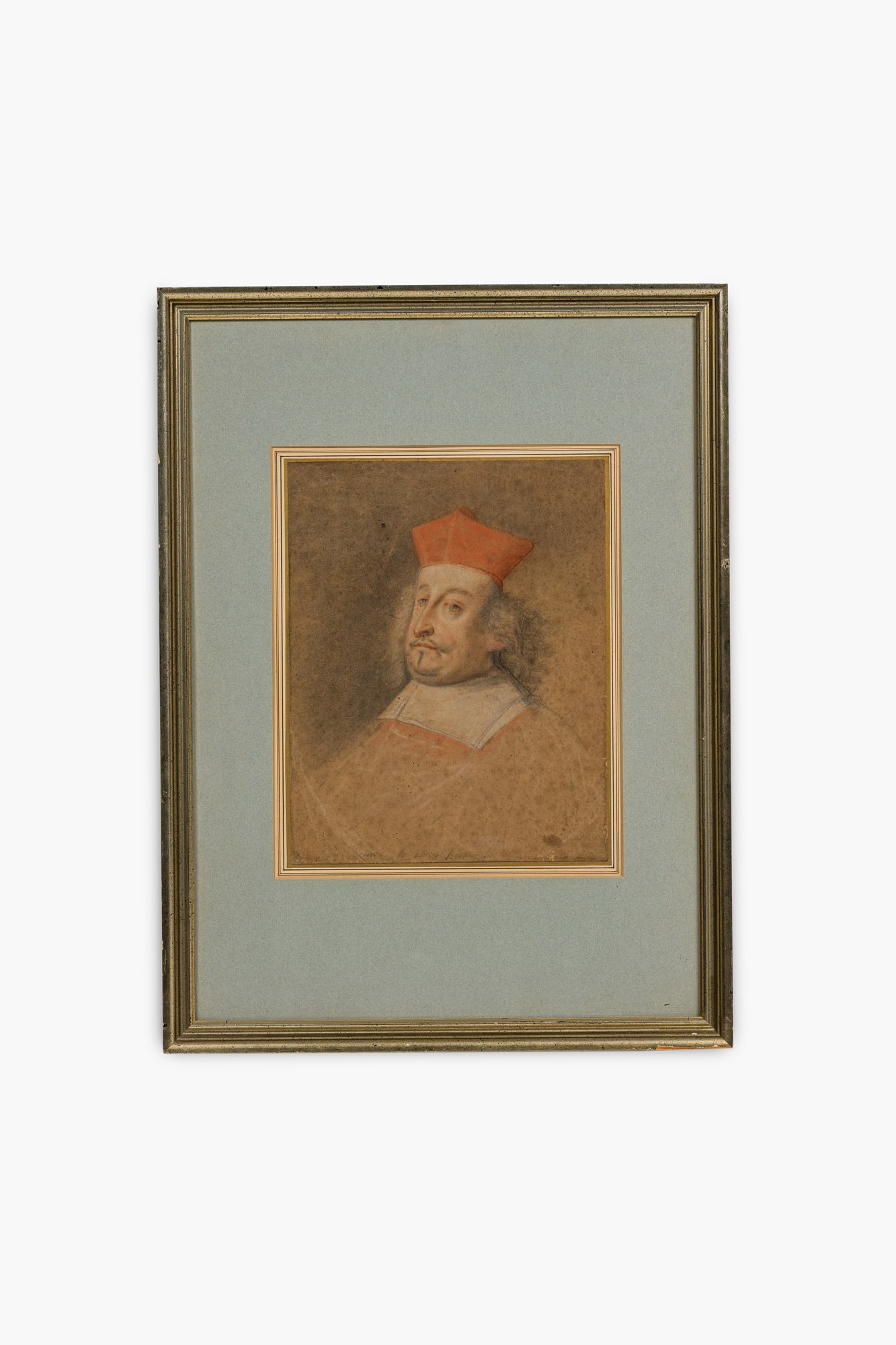 Old Masters School, 17th c. trois crayons drawing: CIrcle of Carlo Dolci (Italian,1616-1686), Portrait of a Cardinal, red, white and black chalk on brown paper, affixed to mat with hinge tape, illegibly inscribed along lower margins, old gal