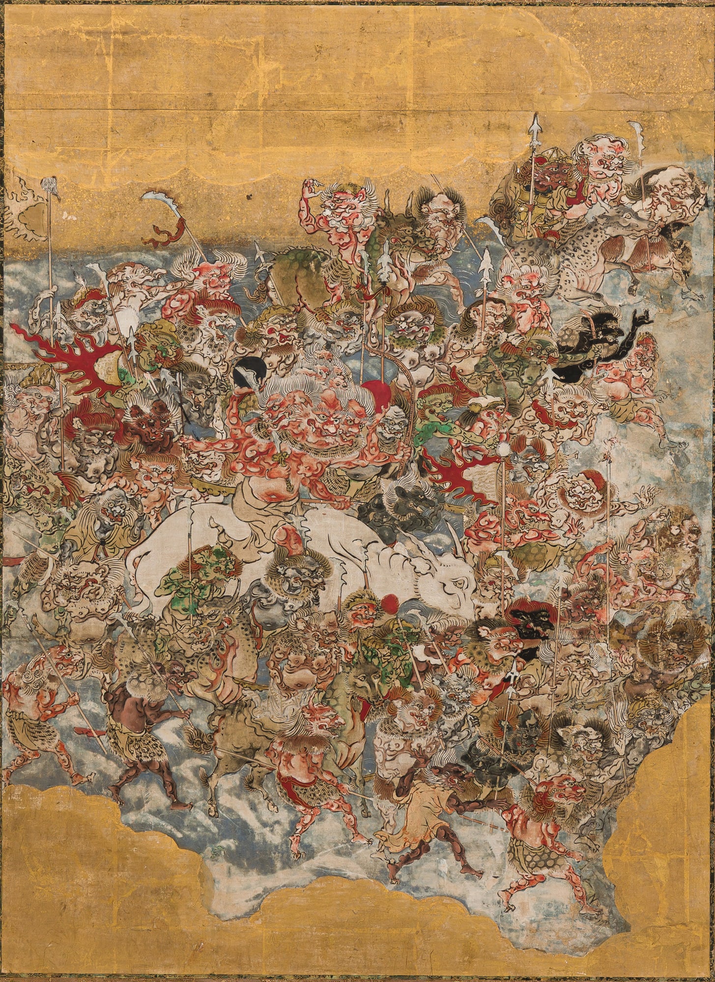Edo School, Buddhist paper scroll fragment, Mac II: Edo School (1603-1868), Scene from the Parinirvana, depicting Daiji Zaiten (Shiva) on a white bull escorted by Oni demons and Asuras, polychrome pigments on gilt leaf ground, mounted on silk backing, 