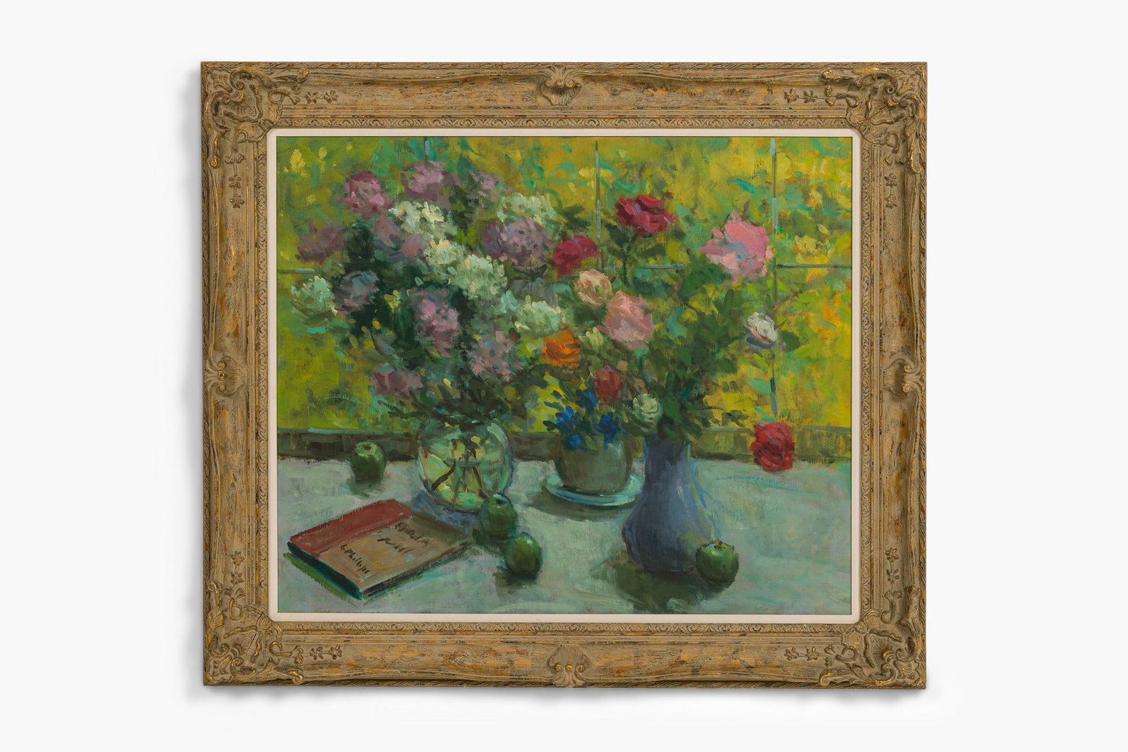 George Phillips, American Impressionist oil on canvas: George Phillips (American, act.1900-1929), Still Life with Flowers and Books, signed G. Phillips on book, left lower corner, in wood frame, 36" l x 30" w (image), 44" l x 39&q