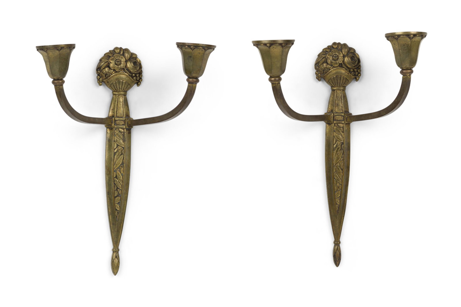 Sue et Mare, Pair French Art Deco gilt-bronze two-arm foliate sconces (1 of 8)