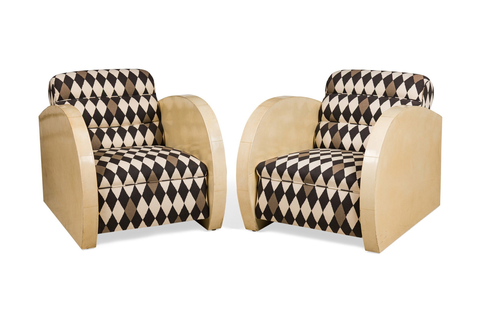 Pair French Art Deco style, parchment clad club chairs: possibly of the period (c. 1930), Continental, deep seat and back upholstered in a diamond patterned fabric, flanked by flat-sided fan-shaped parchment-veneered side panels, 35.75"h x 27.5&q