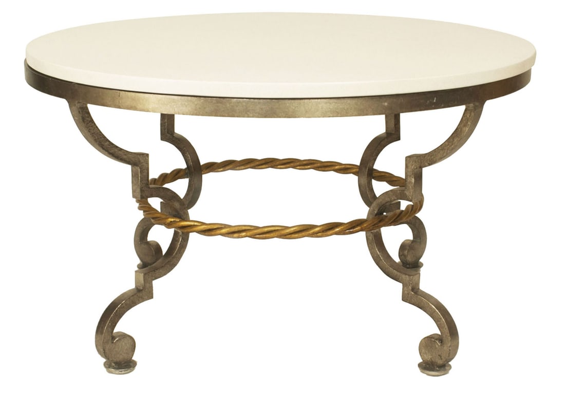 French Moderne bronze and limestone coffee table: c. 1920s, France, round limestone top resting on four gilt bronze open stylized scroll legs connected by a twisted rope stretcher, 19"h x 33" dia. Category: Coffee Tables and Cockt