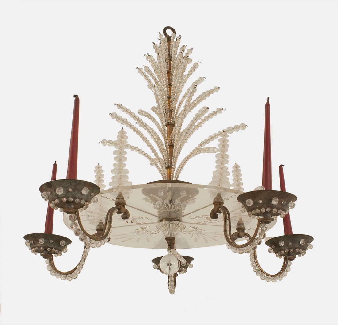 Maison Bagues (Attrib), bronze and glass chandelier: c. 1940's, France, patinated bronze, beaded glass, cast acrylic/ lucite bead strands, with five arms ending in cups internally wired with candelabra sockets and issuing wax candlesticks, 27"h