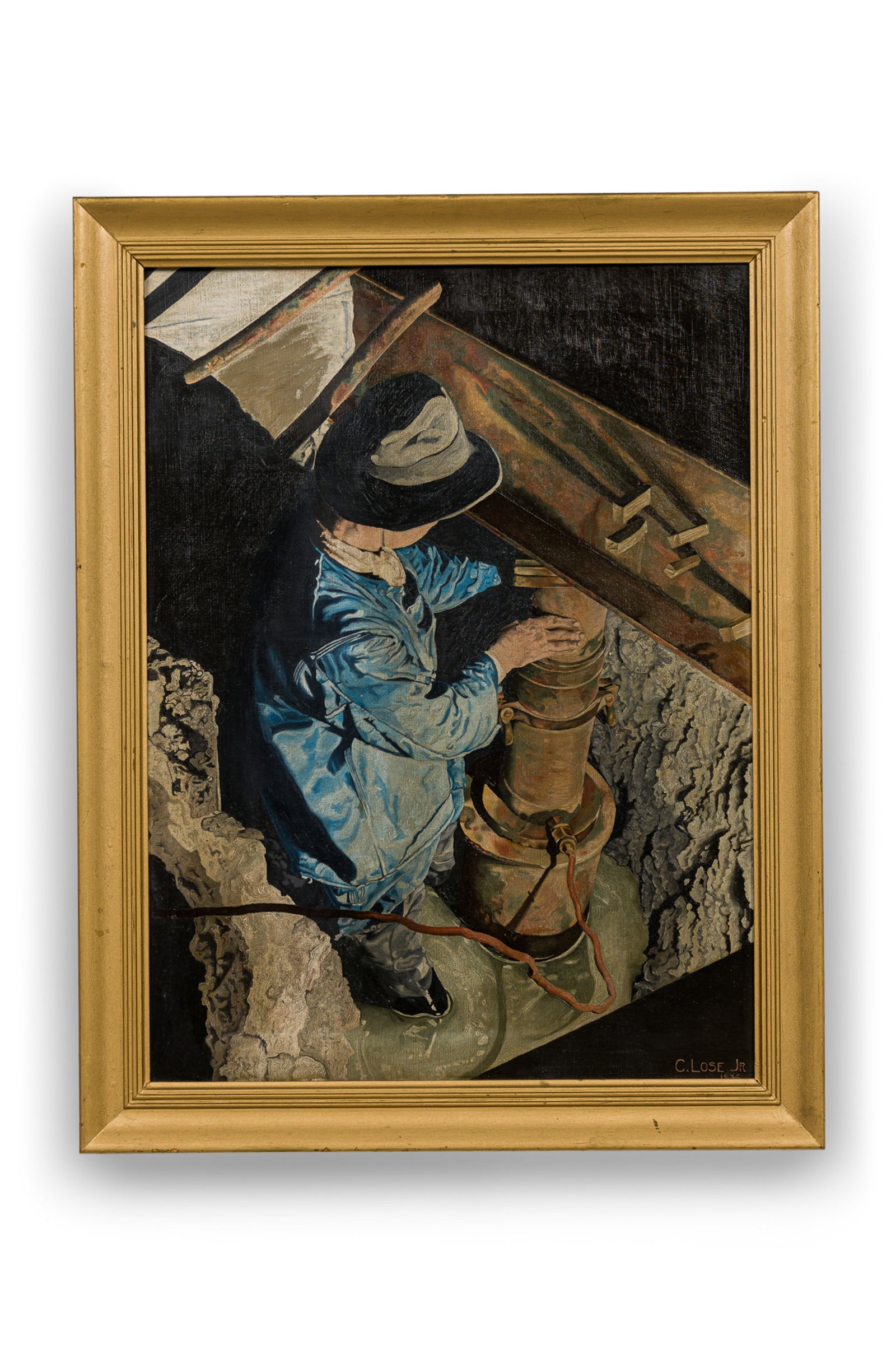 Charles Lose Jr., WPA era Social Realist oil on canvas, 1936: Charle Lose Jr. (American), active 20th c.), Industrial Worker Underground, signed and dated lower right corner, presented in a gold frame, 27.5"h x 21.5"w x 1.5"d (frame) Provenan