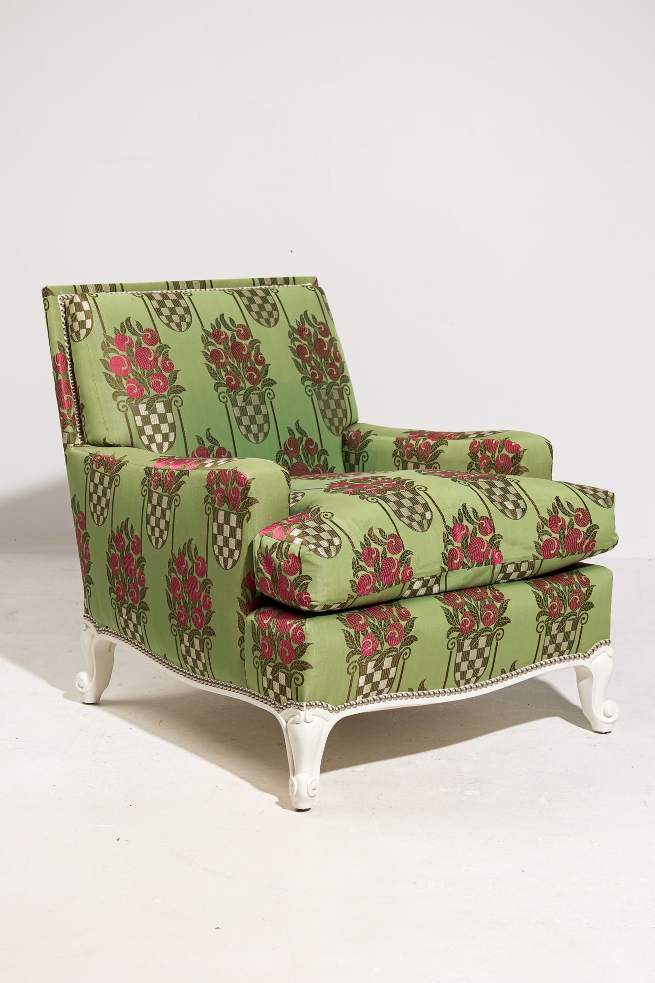 Stephen Bastone, custom Billy Haines style armchair: 21st c., USA, painted white wooden frame, nailhead trim, upholstered in a custom Prelle taffeta fabric patterned with checkered baskets and pink floral motifs, fabric reproduced from a fragment design