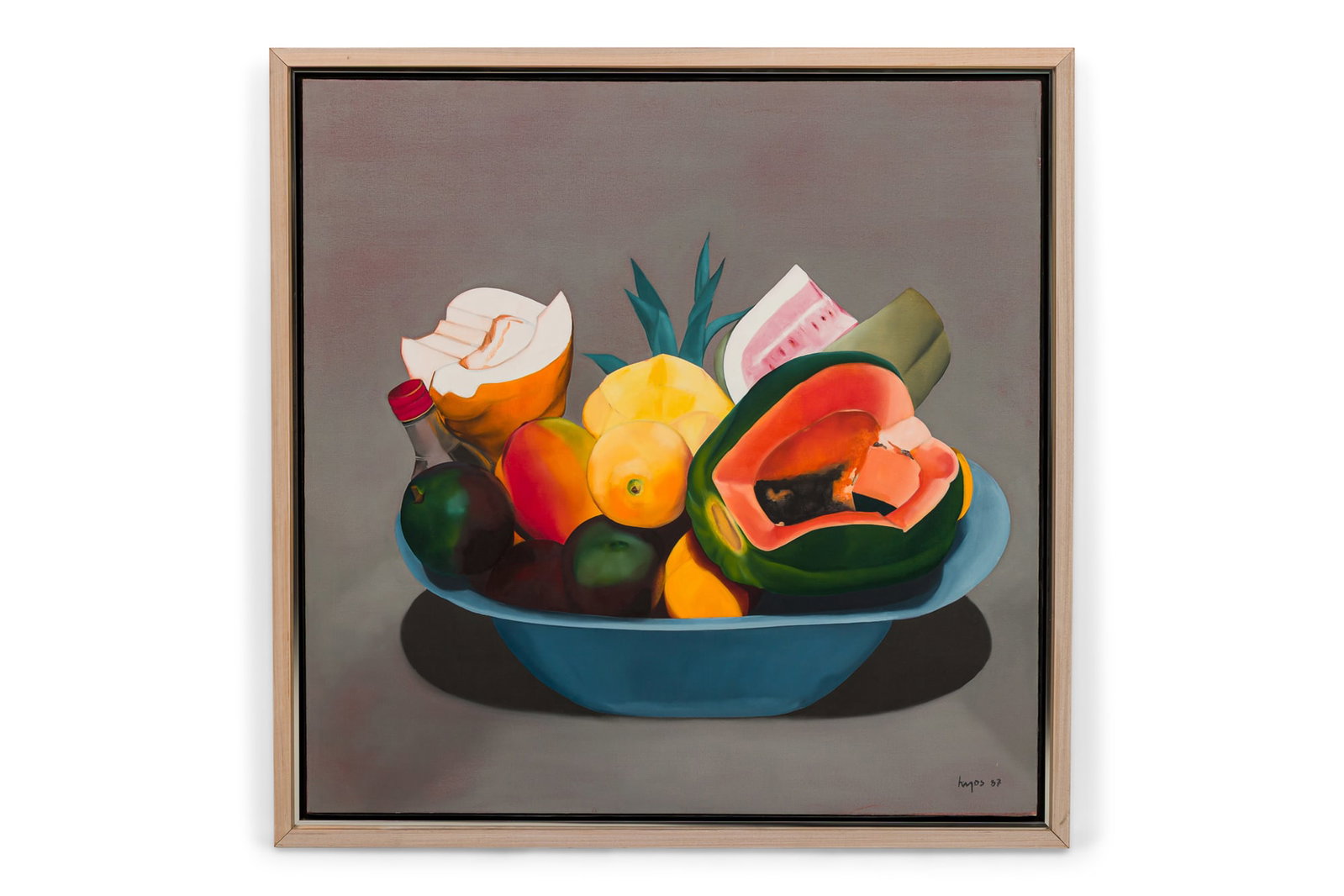 Ana Mercedes Hoyos, large oil on canvas, 1987: Ana Mercedes Hoyos (Colombian, 1942-2014), "Bodegon de Palenque", signed "Hoyos" and dated lower right, in a slat wood gallery frame, approximately 47.5"h x 47.5"w (