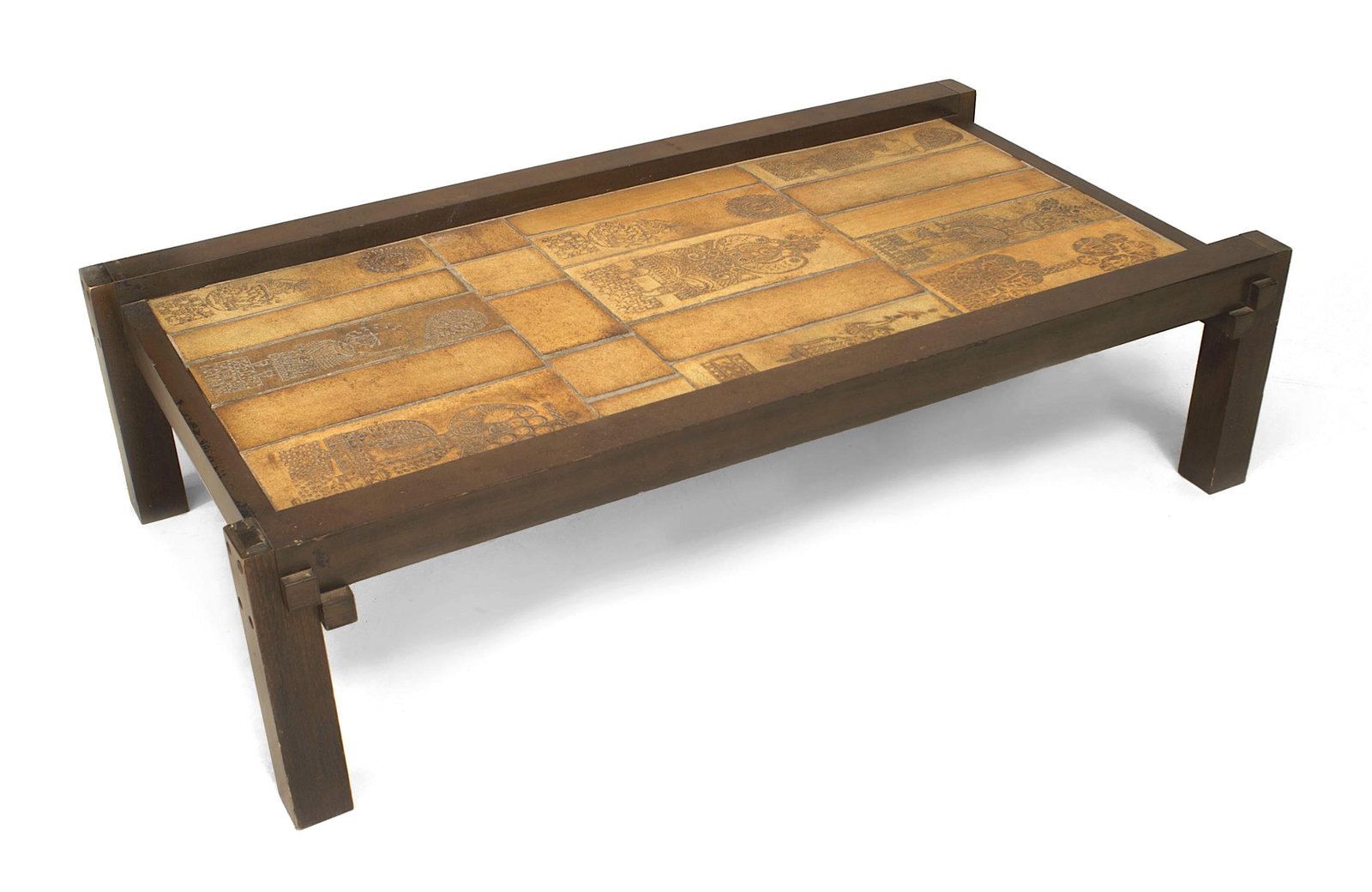 Roger Capron, ceramic tile coffee table: c. 1960s, France, a rectangular top with earthenware tiles decorated with stylized figures, supported by a dark stained beech wood frame, impressed signature to one tile 'Capron Vallauris France', 13.