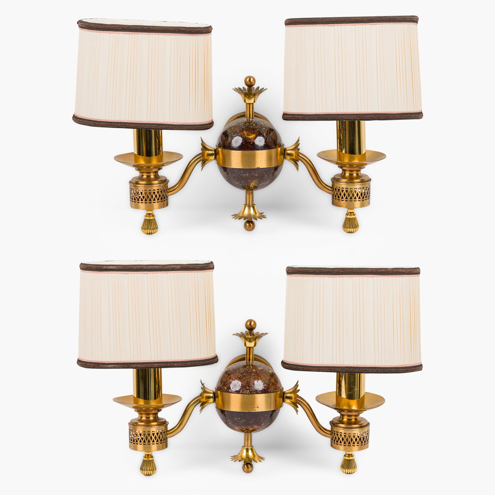 Maison Charles (attrib), gilt brass and fractal resin sconces: mid-20th c., France or Italy, the amber resin sphere supporting two directoire style scroll arms, unsigned, custom clip-on pleated silk shades, chosen by Stephen Bastone, 11"h x 19&quo