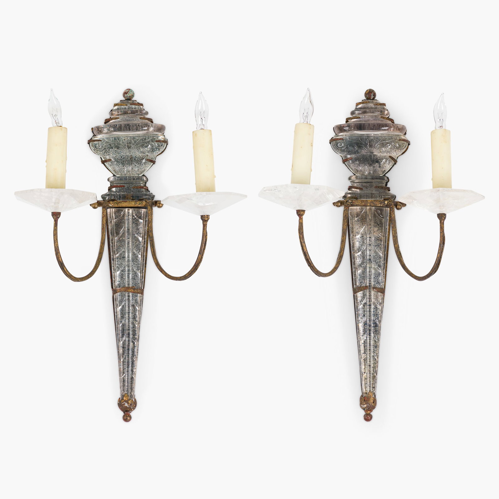 Maison Bagues attrib, pair 2-arm tole and rock crystal sconces: c. 1920s, France, rock crystal, gilt iron, the urn and terminus backplate issuing two scroling arms topped with faceted rock crystal bobeche and wax candle electrified socket, 17"h x 12"