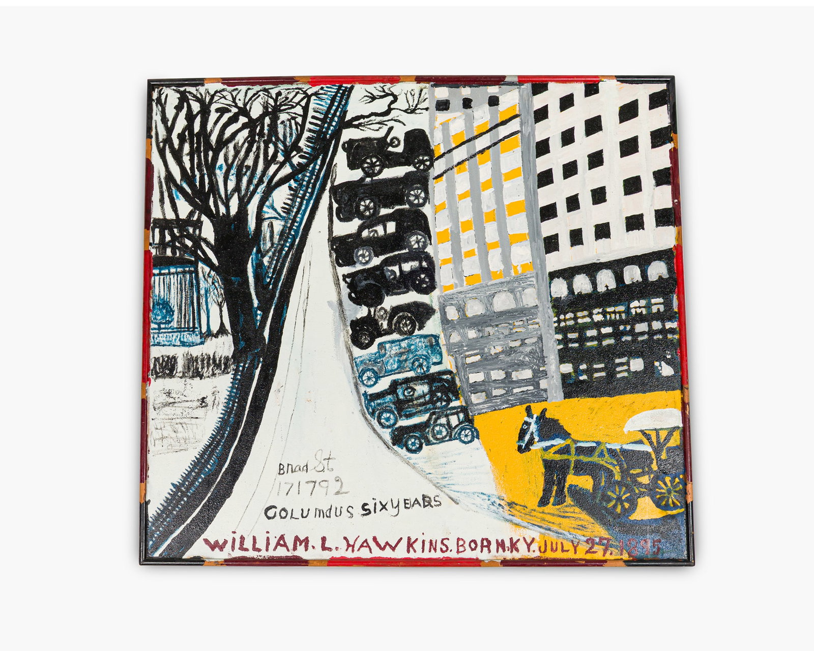 William L. Hawkins, large oil on board, c. 1982: William L. Hawkins (American, 1895-1990), Broad Street, Columbus, inscribed "Brad (sic) St, / 171792 / Columbus SixYears", signed with the artist's birthday along the bottom, i