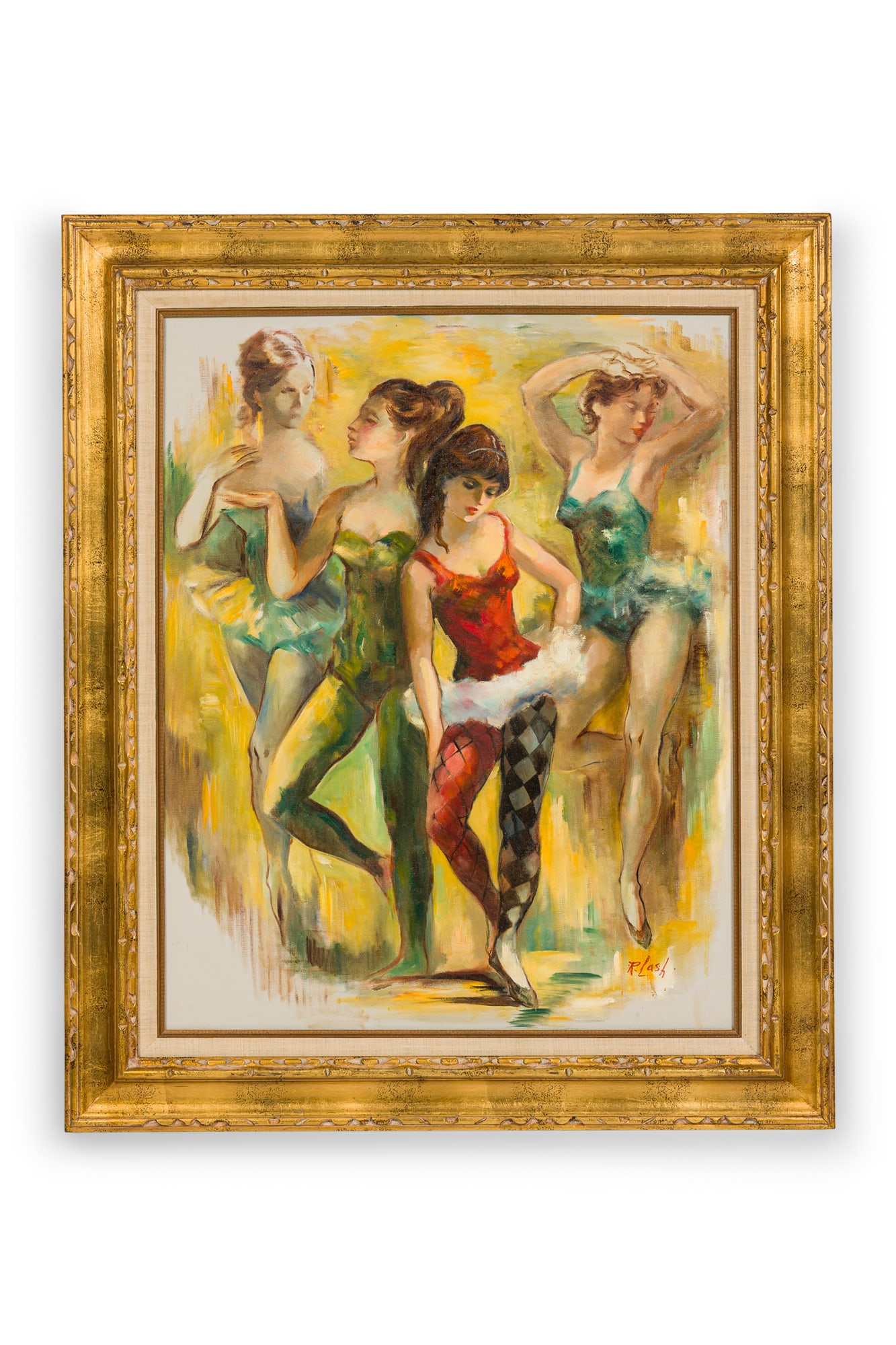 Ray Lash, oil on canvas: Ray Lash Kittredge (American, 20th c.), Dancers, signed lower right, in giltwood frame, 30"h x 24"w (canvas), 38"h x 31.75"w x 2.5"d (frame) Provenance: Property from 502 Park