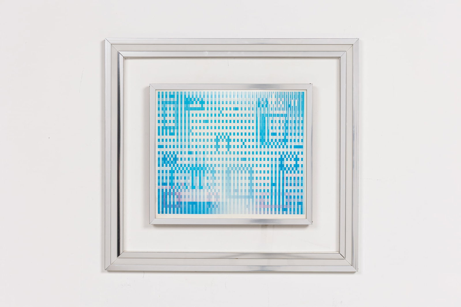 Yaacov Agam, agamograph, c. 1980: Yaacov Agam (Israeli, b. 1928), "Magic Rain Dusk", pen signed in margins and number 14/99, double framed in aluminum and acrylic under plexiglass, 13"h x 15"w (imager), 25"h x