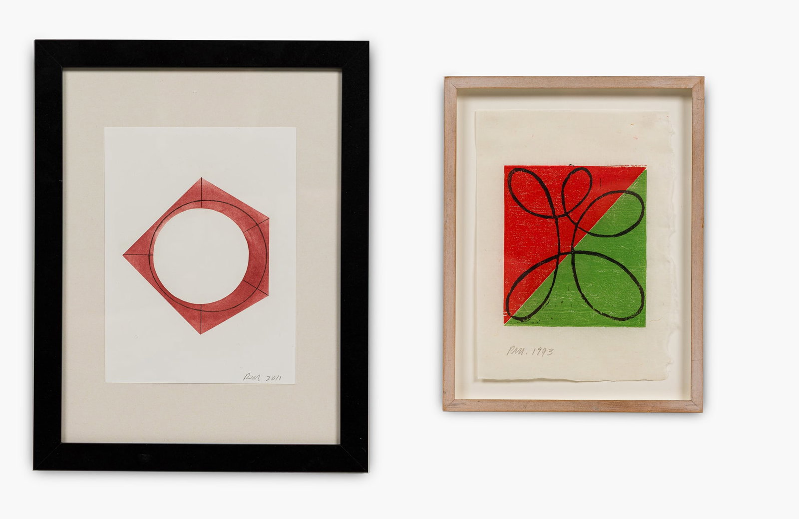 Robert Mangold, (2) prints, 1993-2011: Robert Mangold (American, b. 1937), untitled greeting card, 1993, red and green color woodcut print on wove paper, pencil signed and dated, presented in wood frame under plexiglass, approximately 8.5&