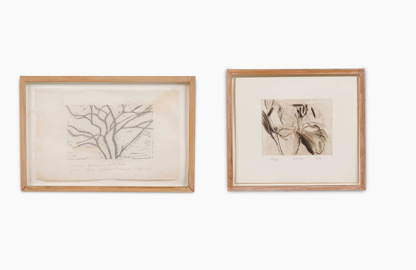 Sylvia Plimack Mangold, (2) prints: Sylvia Plimack Mangold (American, b. 1938), includes an abstract etching, pencil signed and date July 1991, presented in wooden box frame under glass,7.25" x 8.25" (image), 8.5"h x 9.5&