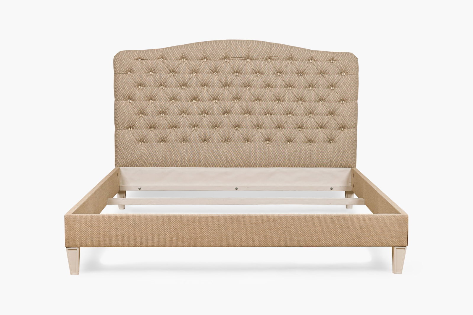 Contemporary king size bed frame, Stephen Bastone: c. 20th/21st c., the tufted headboard and rails are upholstered in "Bennet" diamond pattern Colefax and Fowler woven wool, white painted wood legs, designed or placed by Steph